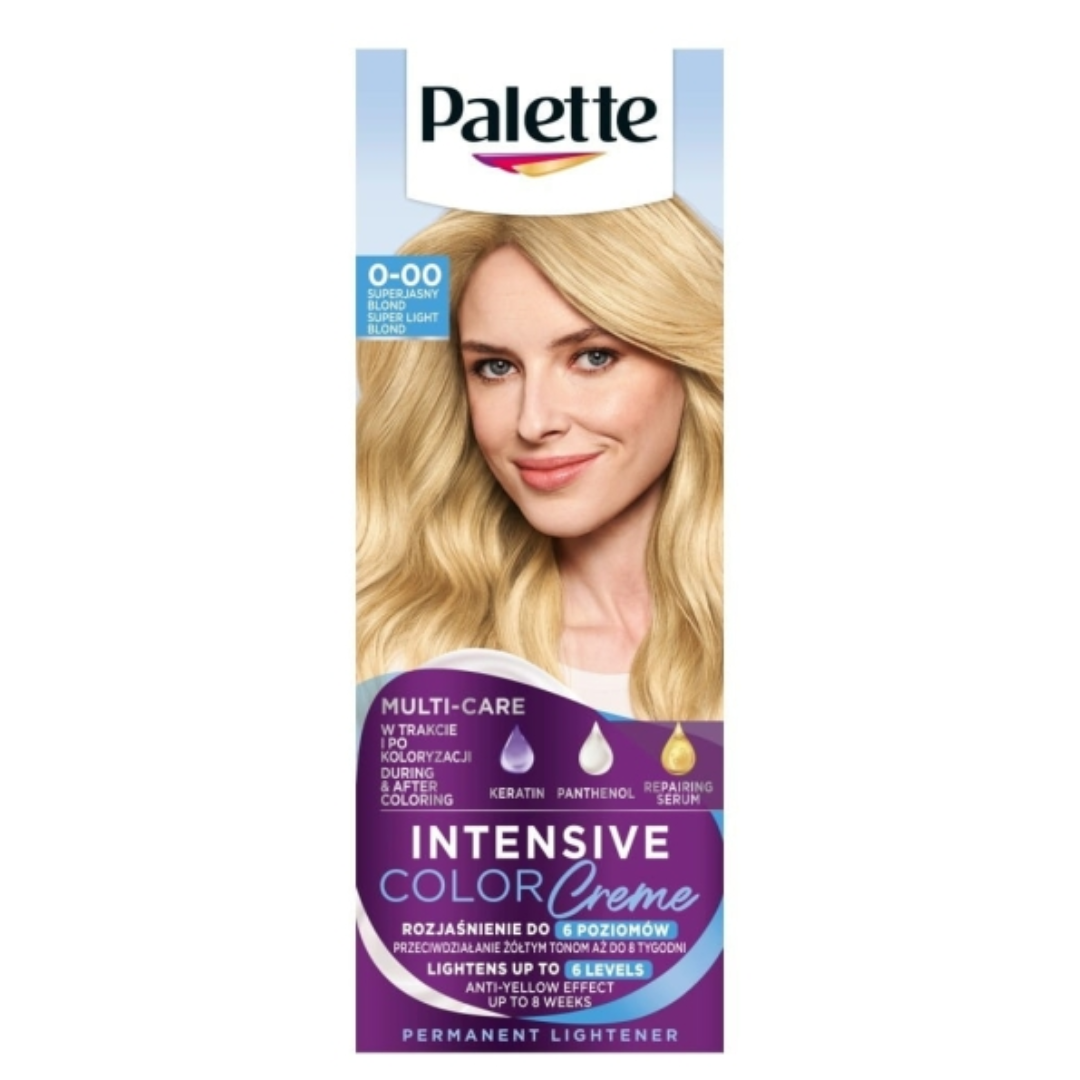 Box of Palette Intensive Color Creme 0-00 Super Light Blond with image of a woman with long, light blonde hair.