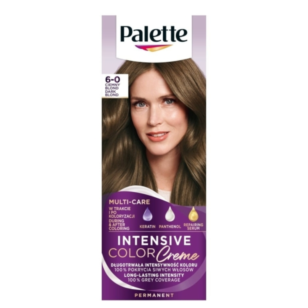 Box of Palette Intensive Color Creme 6-0 Dark Blond with image of a woman with long, dark blond hair.
