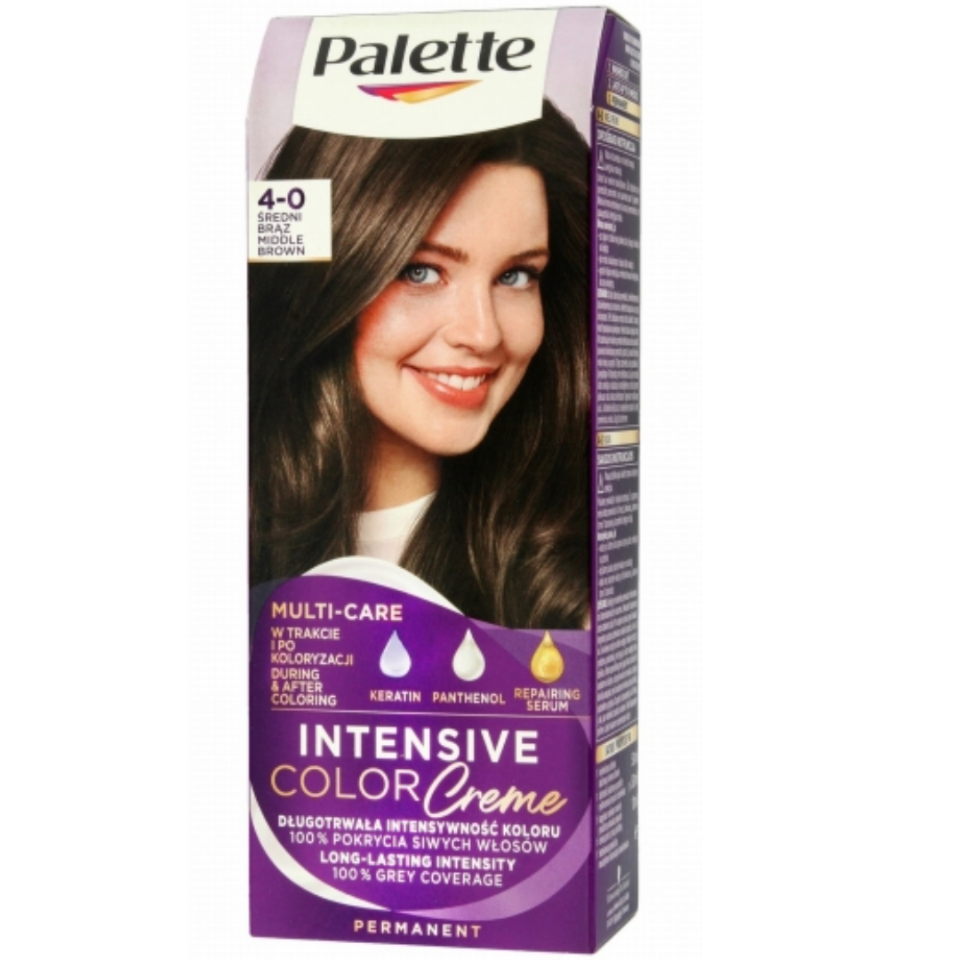 Box of Palette Intensive Color Creme 4-0 Medium Brown permanent hair dye featuring a smiling woman with medium brown hair.