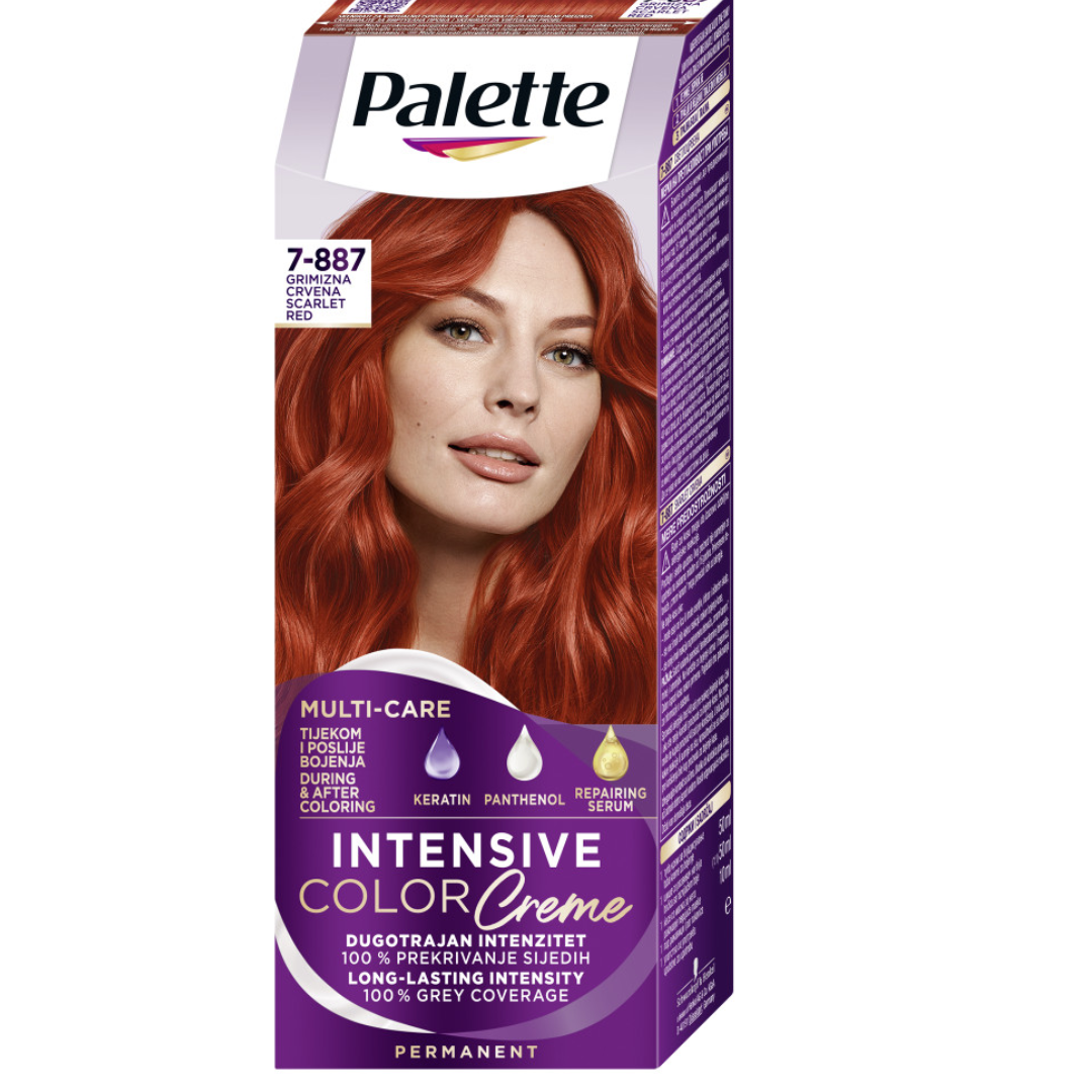 Box of Palette Intensive Color Creme 7-887 Scarlet Red featuring a woman with long, vibrant red hair.