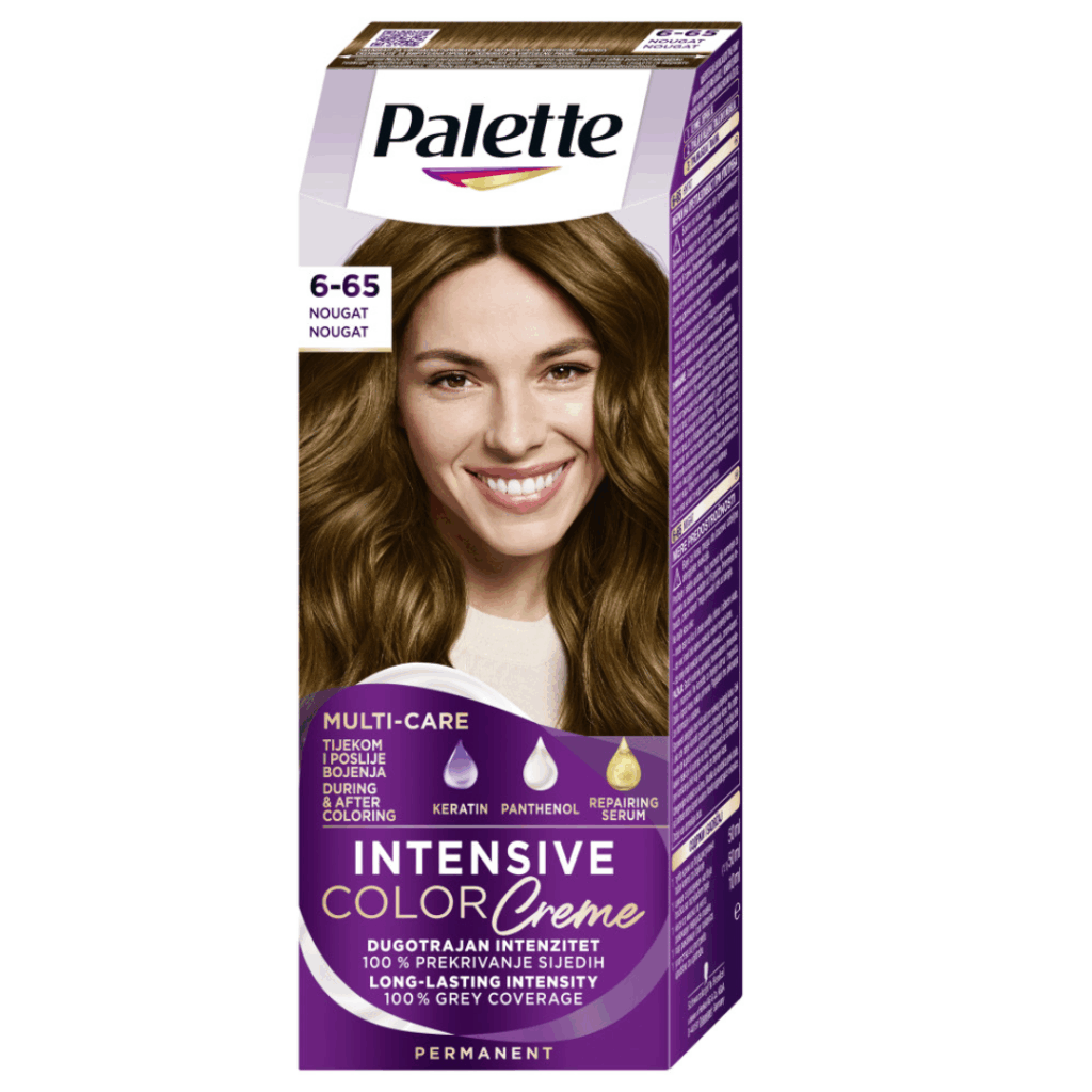 Box of Palette Intensive Color Creme 6-65 Nougat featuring a smiling woman with long, glossy nougat brown hair.