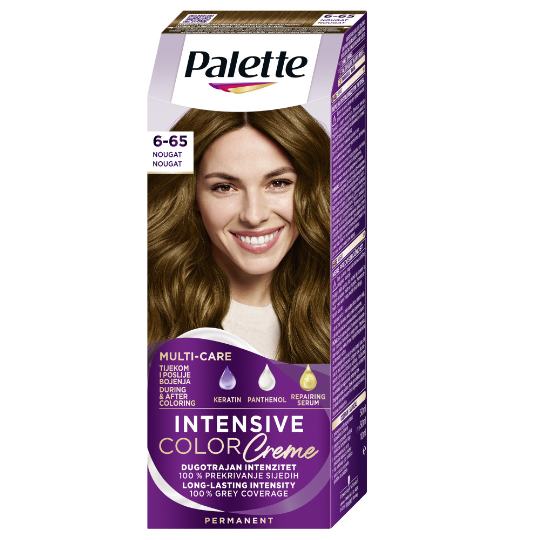 Box of Palette Intensive Color Creme 6-65 Nougat featuring a smiling woman with long, glossy nougat brown hair.