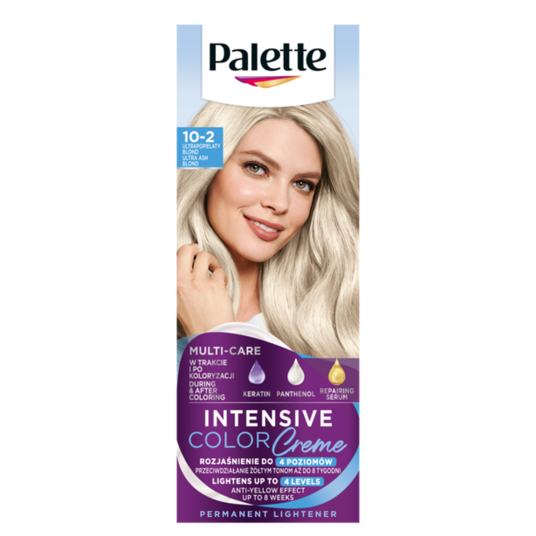 Box of Palette Intensive Color Creme 10-2 Ultra Ash Blonde hair dye featuring a woman with ultra-light ash blonde hair.