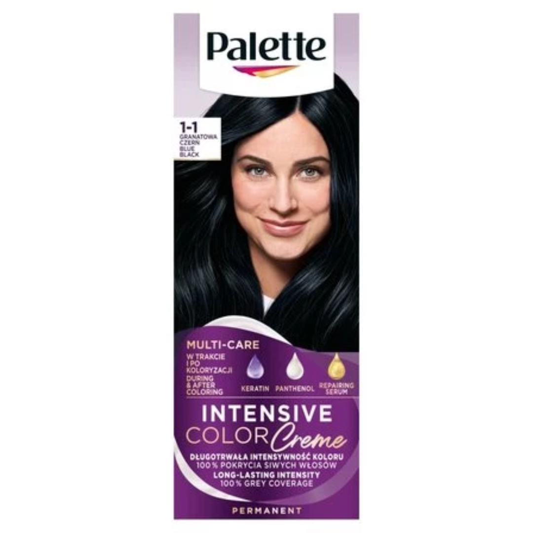 Box of Palette Intensive Color Creme 1-1 Intense Black hair dye featuring a woman with shiny black hair.