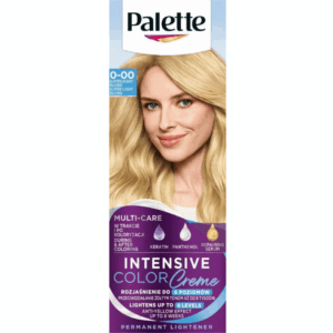 Box of Palette 0-00 Super Light Blond hair dye with a blonde woman on the front; highlights product’s lightening power, anti-yellow effect, and care ingredients.