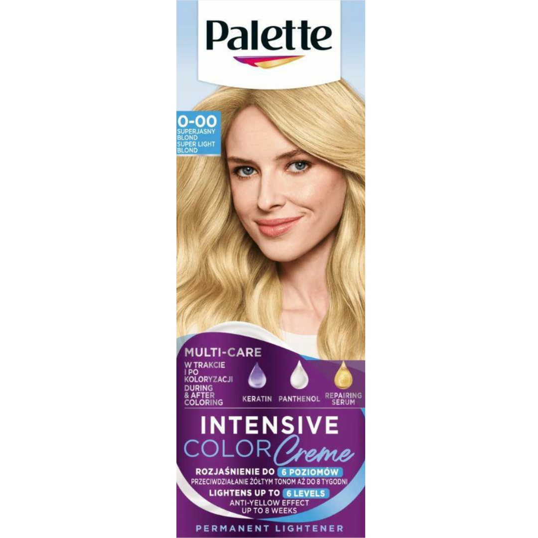 Box of Palette 0-00 Super Light Blond hair dye with a blonde woman on the front; highlights product’s lightening power, anti-yellow effect, and care ingredients.