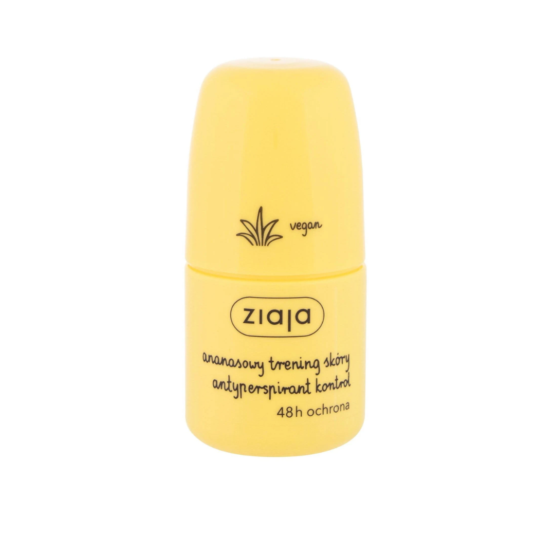 Yellow bottle of Ziaja Pineapple Roll-On Antiperspirant with vegan label, providing 48h protection.