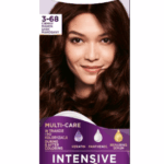 Box of Palette Intensive Color Creme in shade 3-68 Dark Mahogany featuring a model with long, glossy, mahogany-colored hair.