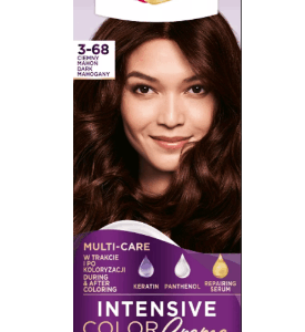 Box of Palette Intensive Color Creme in shade 3-68 Dark Mahogany featuring a model with long, glossy, mahogany-colored hair.