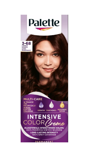Box of Palette Intensive Color Creme in shade 3-68 Dark Mahogany featuring a model with long, glossy, mahogany-colored hair.