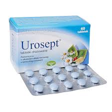 Box of Urosept coated tablets (60 count) with herbal ingredients for urinary tract support, shown with blister pack