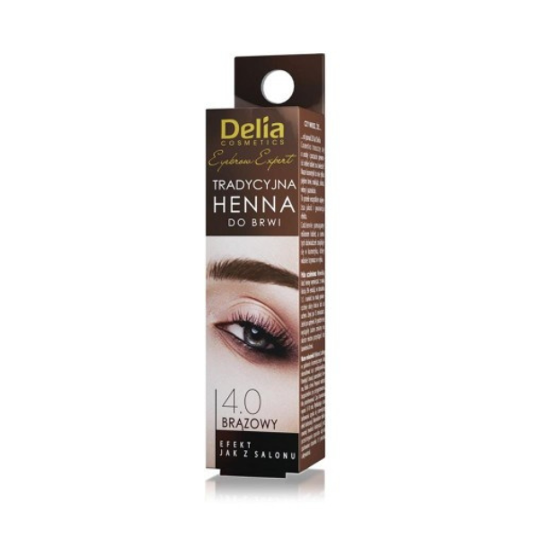 Delia Cosmetics Traditional Eyebrow Henna 4.0 Brown – eyebrow tinting cream box with brow illustration.