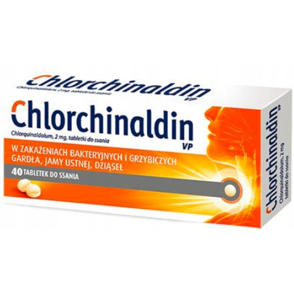 Box of Chlorchinaldin VP lozenges – 40 tablets for bacterial and fungal infections of the throat and mouth.