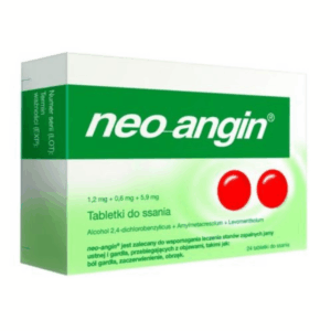 Box of Neo-Angin lozenges – 24 throat tablets for infection, pain, and swelling relief.