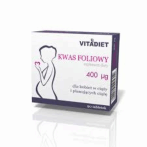 Box of Vitadiet Folic Acid 400 µg – 90 tablets for pregnancy support and folate supplementation.