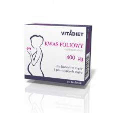 Box of Vitadiet Folic Acid 400 µg – 90 tablets for pregnancy support and folate supplementation.