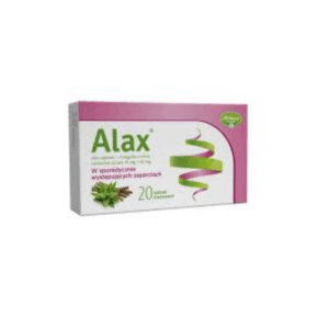 Box of Alax – 20 coated tablets with aloe and rhubarb for constipation relief.