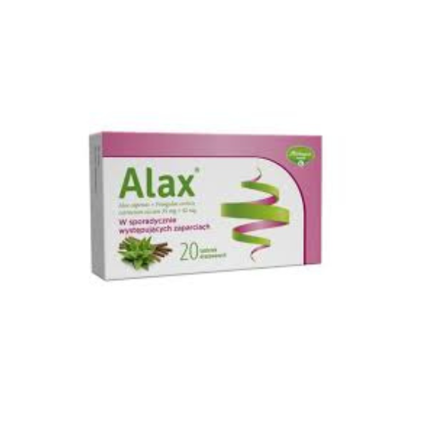 Box of Alax – 20 coated tablets with aloe and rhubarb for constipation relief.