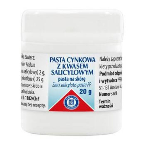 Jar of Zinc Paste with Salicylic Acid – 20g topical ointment for acne and skin irritation.