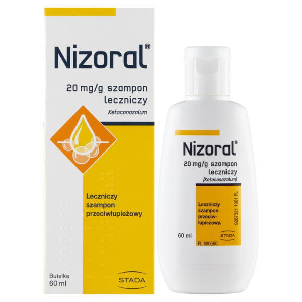 Bottle and box of Nizoral 20 mg/g medicinal anti-dandruff shampoo with ketoconazole – 60 ml.