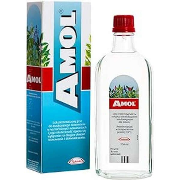 Bottle and box of AMOL Herbal Liquid 250 ml – multipurpose herbal remedy for pain, cold, and digestive issues.