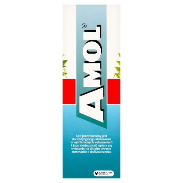 Box of AMOL Herbal Liquid 150 ml – traditional remedy with essential oils for cold, headache, and indigestion.