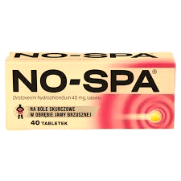 Box of NO-SPA® 40mg tablets (40 count), a medication for abdominal cramps and muscle spasms, with white and pink packaging.