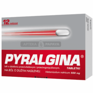 Box of Pyralgina 500mg tablets (12 tablets) – strong pain and fever relief medication in red and grey packaging.