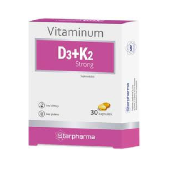 Box of Vitaminum D3+K2 Strong by Starpharma – 30 capsules supporting bone and heart health, gluten- and lactose-free formula.