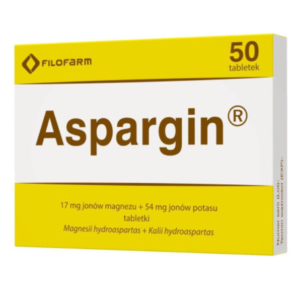 Box of Aspargin – 50 tablets containing magnesium and potassium aspartates, mineral supplement by Filofarm.