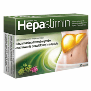 Box of Hepaslimin – 30 tablets for liver support and weight management with herbal ingredients, green packaging with liver graphic.