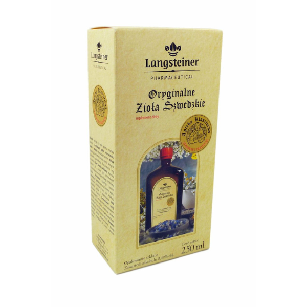 Box of Langsteiner Original Swedish Bitters 250 ml – herbal dietary supplement based on Maria Treben's recipe.