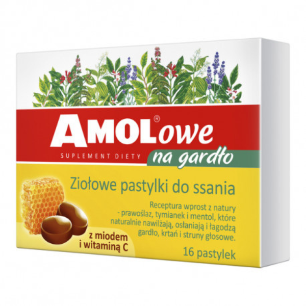 Box of AMOL Herbal Throat Lozenges with Honey and Vitamin C – 16 pcs, natural soothing supplement for throat and vocal cords.