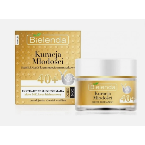 Bielenda Youth Therapy 40+ anti-wrinkle day and night face cream with snail mucin, 24K gold, and hyaluronic acid for mature and sensitive skin – product box and jar.