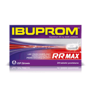 Box of Ibuprom RR Max 400 mg – 24 coated tablets for fast pain, fever, and inflammation relief with RR (Rapid Release) technology.