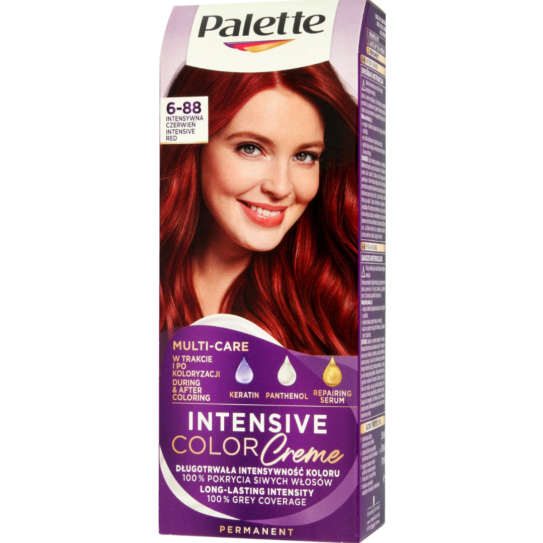 Box of Palette Intensive Color Creme 6-88 Intensive Red permanent hair dye with a smiling model showcasing vibrant red hair.