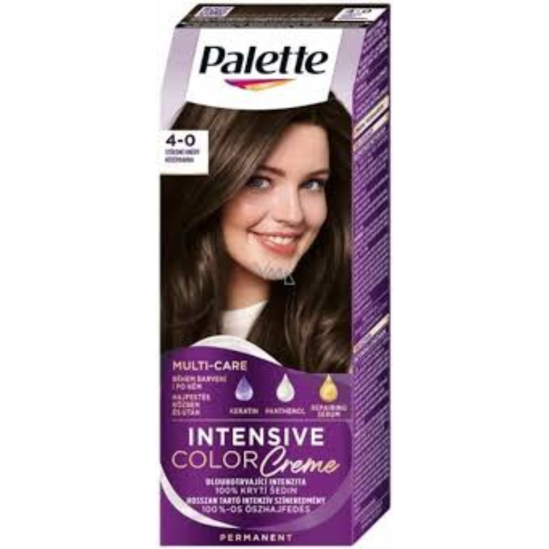 Box of Palette Intensive Color Creme 4-0 Medium Brown permanent hair dye featuring a model with medium brown hair.