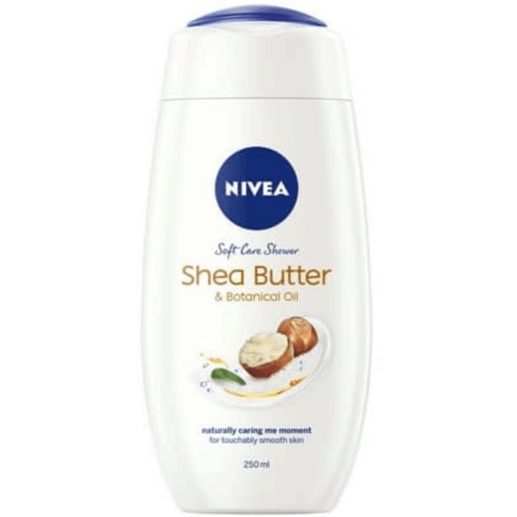 Bottle of NIVEA Care Shower Shea Butter & Botanical Oil 250 ml with shea nuts and oil illustration on the label.