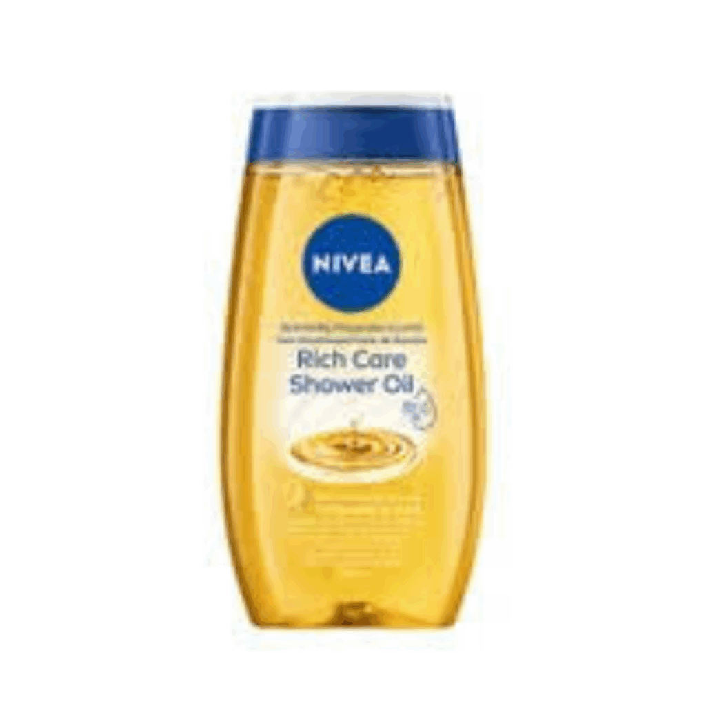 Bottle of NIVEA Rich Care Shower Oil 200 ml with golden oil and a blue cap.