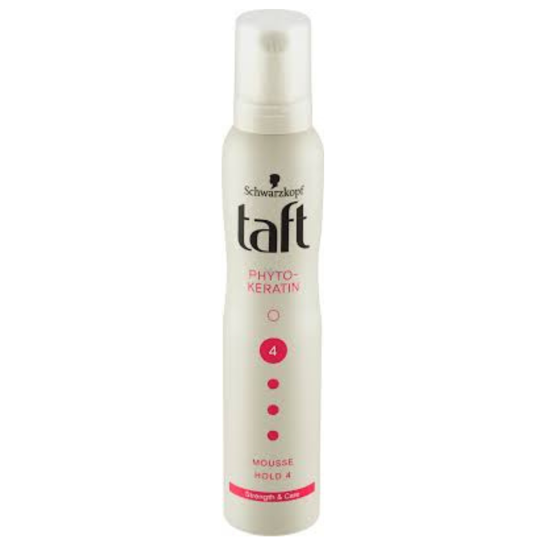 Bottle of Schwarzkopf Taft Phyto-Keratin Mousse Hold 4 – styling foam for strong hold and hair care.