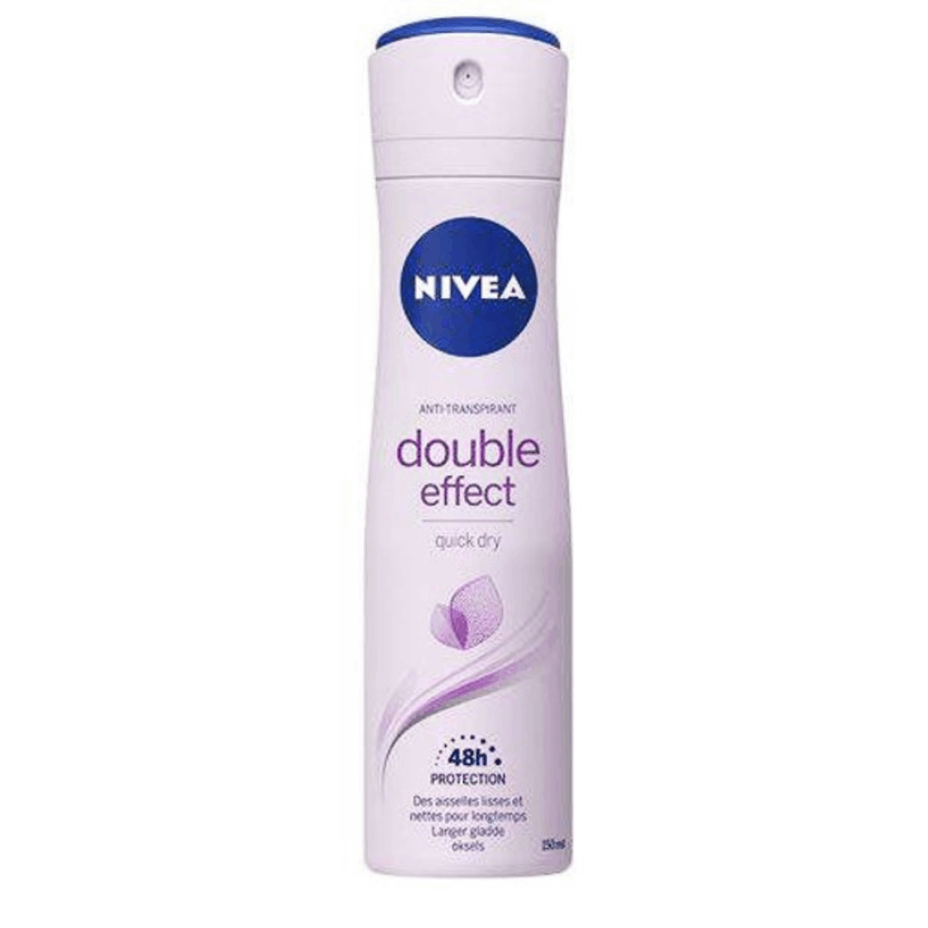 Spray can of NIVEA Double Effect Anti-Perspirant with 48h protection and quick dry formula, 250ml.