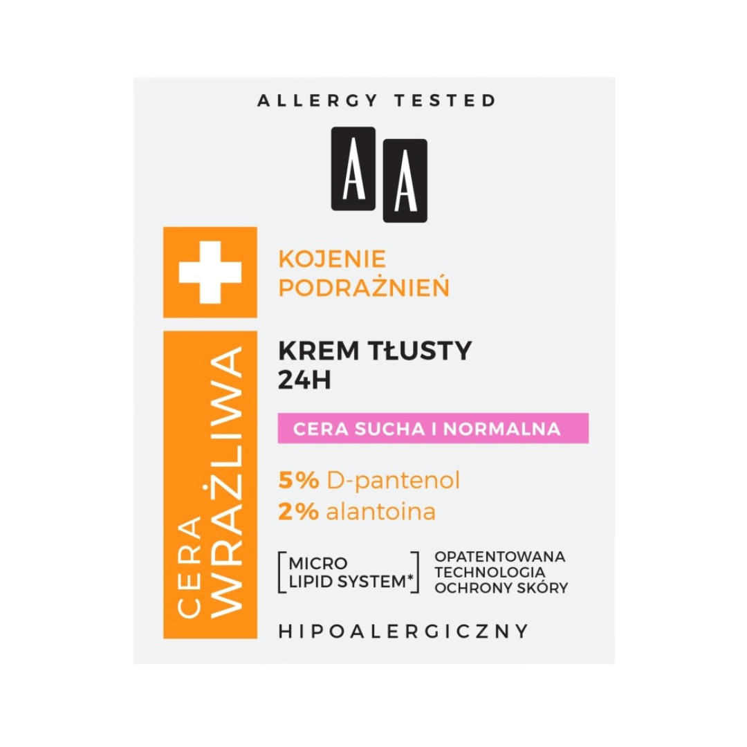 Front label of AA Sensitive Skin 24H Rich Cream with D-panthenol and allantoin, showing product benefits for dry and normal skin.