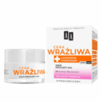 Packaging and jar of AA Sensitive Skin 24H Rich Cream for dry and normal skin, formulated with Vitamin E and D-panthenol for day and night use.