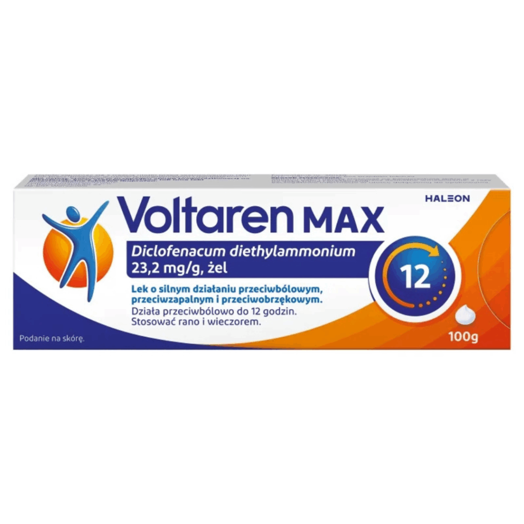 Box of Voltaren Max Gel 100g with diclofenac 23.2 mg/g for pain, inflammation, and swelling relief, up to 12-hour effect.