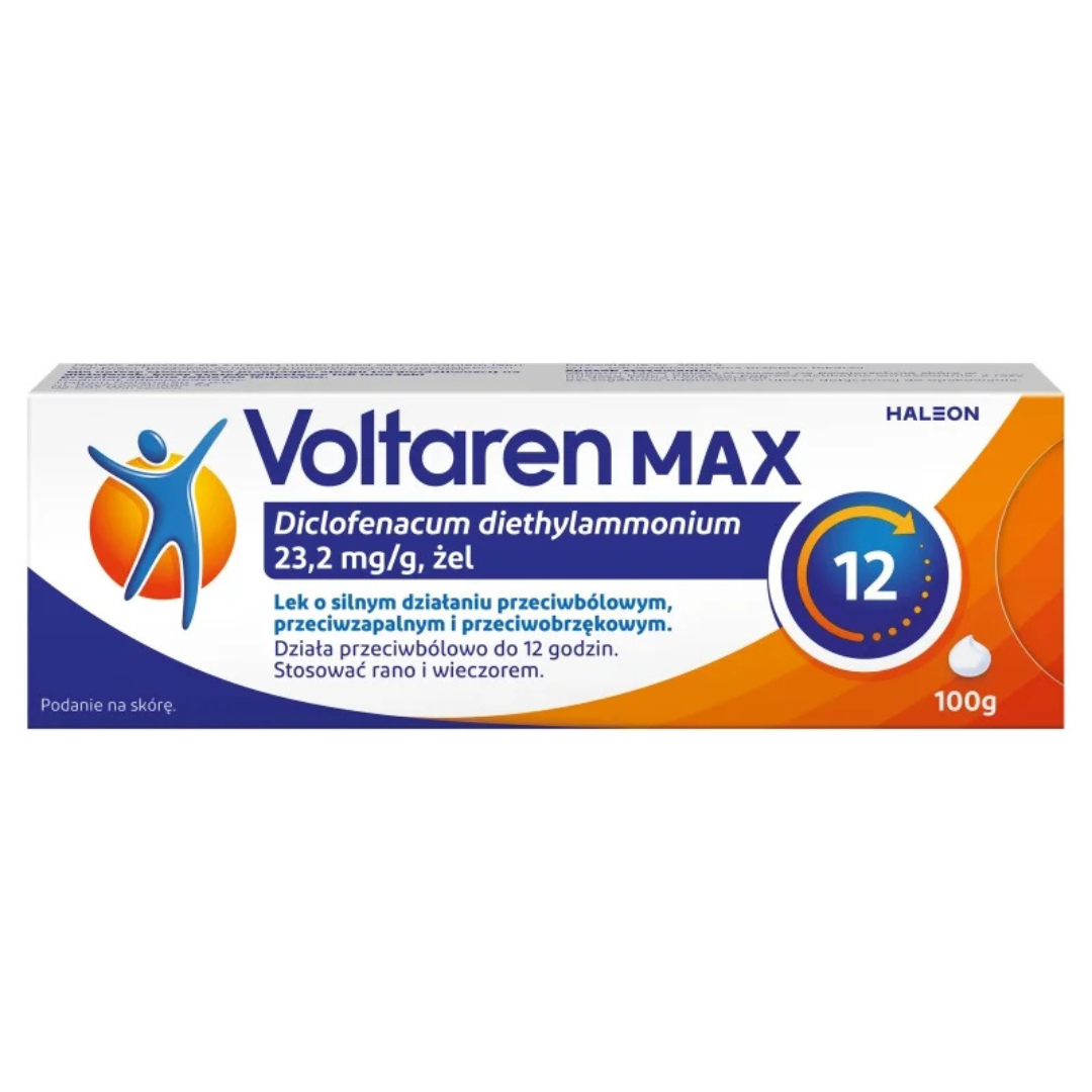 Box of Voltaren Max Gel 100g with diclofenac 23.2 mg/g for pain, inflammation, and swelling relief, up to 12-hour effect.