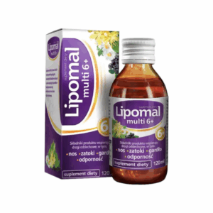 Bottle and packaging of Lipomal Multi 6+ syrup for children, supporting respiratory health and immunity, 120ml.