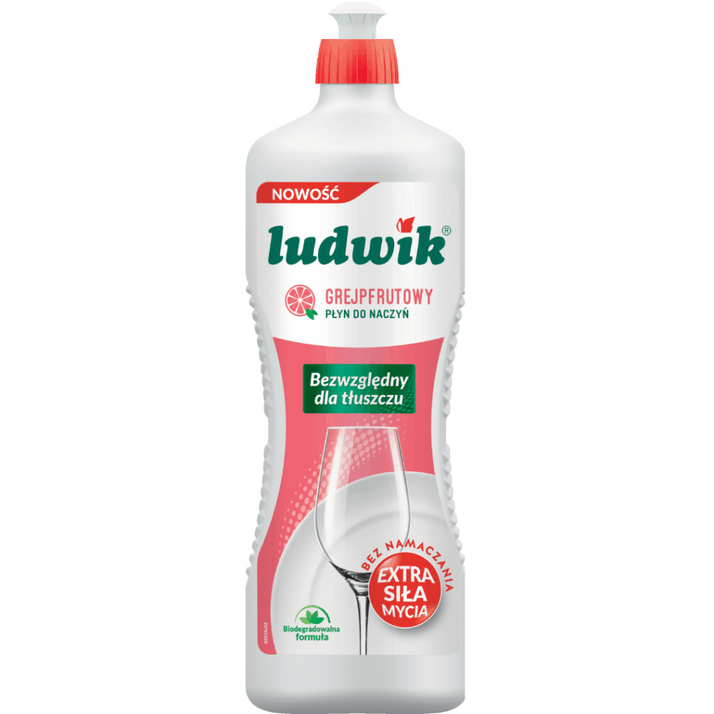 Bottle of Ludwik grapefruit-scented dishwashing liquid with strong degreasing formula, 1 liter.