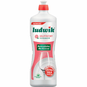Bottle of Ludwik grapefruit-scented dishwashing liquid with strong degreasing formula, 1 liter.