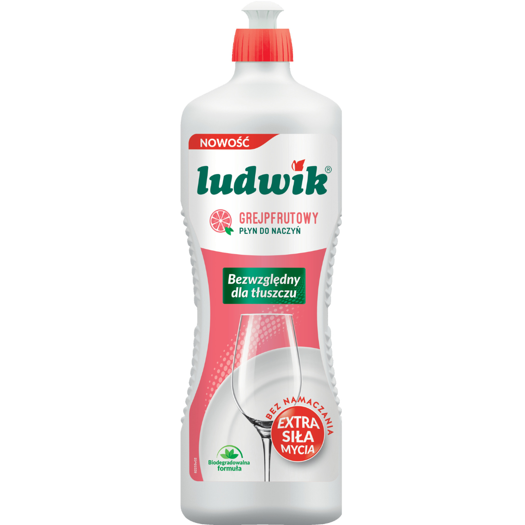 Bottle of Ludwik grapefruit-scented dishwashing liquid with strong degreasing formula, 1 liter.