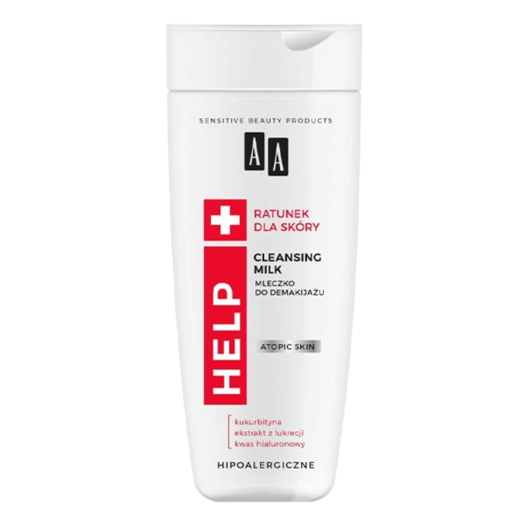 Bottle of AA HELP Cleansing Milk – hypoallergenic makeup remover for atopic and sensitive skin, 200ml.